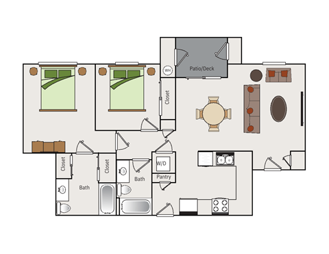 Floor plan for 2 beds, 2 baths, 974 sqft